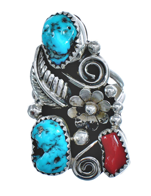 Native American Turquoise Coral Sterling Silver Ring Size 8-1/4 JX122126
